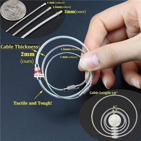 bayite Pack (100) Stainless Steel Wire Keychains Cable, Key Rings, Heavy Duty - Picture 2 of 7